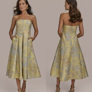 Donna Karen New York Yellow Floral Jacquard Strapless Midi Gown Size 10